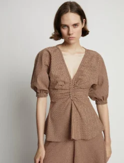 Proenza Schouler White Label | Gingham Long Sleeve Peplum Top - Coral/Black -Clothing Shop 18897047 43581461 1320