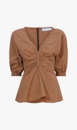 Proenza Schouler White Label | Gingham Long Sleeve Peplum Top - Coral/Black